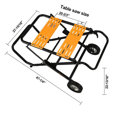 Portable Table Saw Stand With Rock Solid Folding Frame Roll It Around Shop Or Job Site On Grippy Eight Inch Wheels Supports 330 Pounds, showing dimensions and sturdy design.