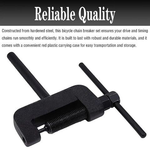 Heavy Duty Chain Breaker Tool Kit With Rivet Cutter And Roller Chain Link Removal For Motorcycle, Bike And ATV Chains, black metal tool on white background.