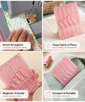 Magnetic Seam Guide for Sewing Machines, pink fabric alignment tool for straight seams, hemming, quilting, and DIY sewing projects.