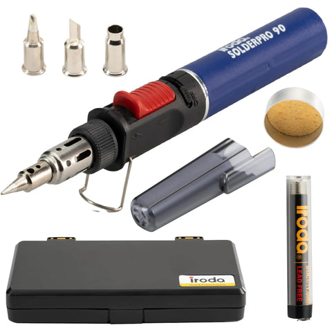 SolderPro 90K Professional Butane Soldering Iron Kit Cordless Plug and Play 3 in 1 Tool for Quick Start 53 Minute Runtime Includes Case and Tips