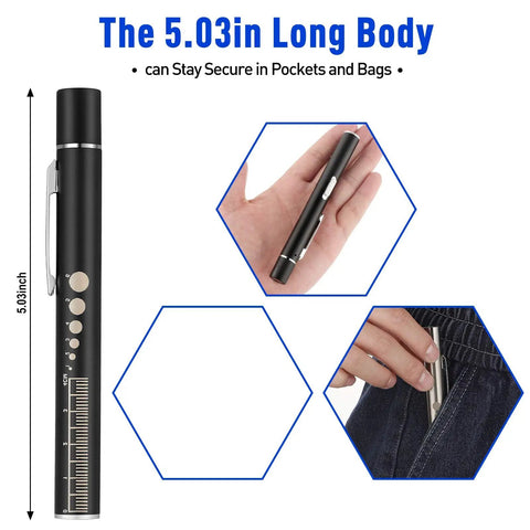 Dual LED Pen Light USB Rechargeable With Extra Warm Light Pupil Chart And Ruler Pocket Clip 5.03-inch Aluminum Penlight