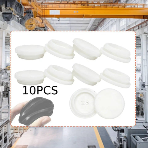 Set of 10 white silicone hole plugs for round holes, electrical wiring, and enclosures. Visible groove design, tear-resistant.