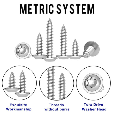 M4x8Mm 304 Stainless Steel Torx Pan Head With Washer Self Tapping Screws Pack Of 50 with washer head and smooth threads shown.