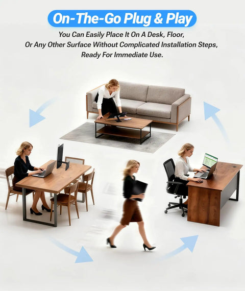 Woman using Ultra Slim 15.6 Inch FHD IPS Portable Monitor With Adjustable Stand USB C Compatible on various desks in office settings
