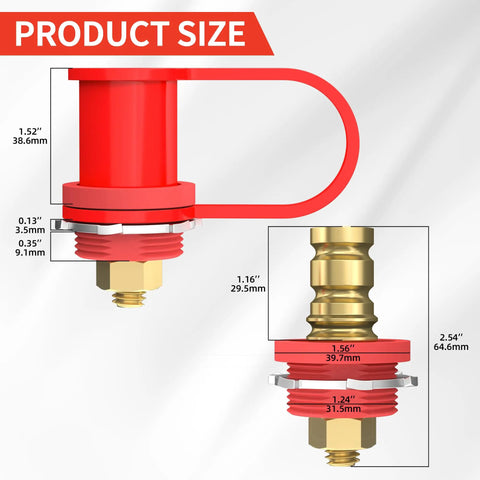 Heavy Duty Remote Battery Terminals 3/8 Stud Jump Post Kit With Durable Cover 250A Amp Charging hookup size illustration with measurements.
