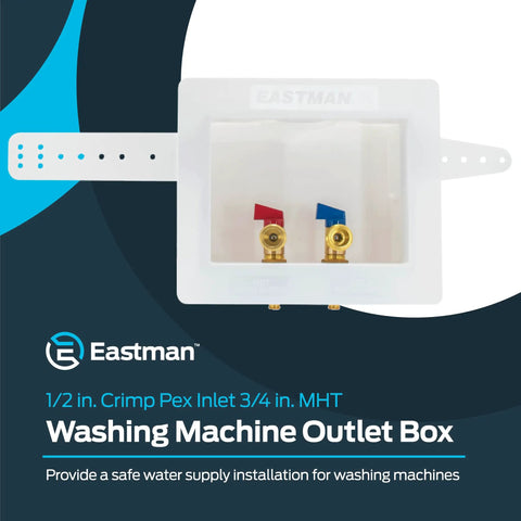 Dual Drain Washing Machine Outlet Box With Push To Connect Brass Fittings, 1/2 Inch Crimp PEX To 3/4 Inch MHT front view.