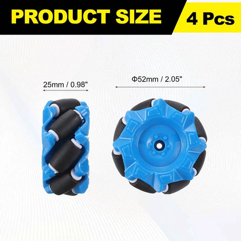 Two Pack 52mm Mecanum Wheel Set Omnidirectional ABS Rubber Wheels For Smart Robot Cars And DIY Projects Blue Great For Robotics Education And Maker Enthusiasts showing size dimensions