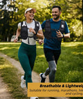 Two people jogging with Lightweight Hydration Running Vest Pack With Adjustable Chest Straps And Front Pockets For Easy Hydration On The Go Ideal For Running Cycling And Hiking Front Straps Fit 500 Milliliter Bottles And No Bounce.