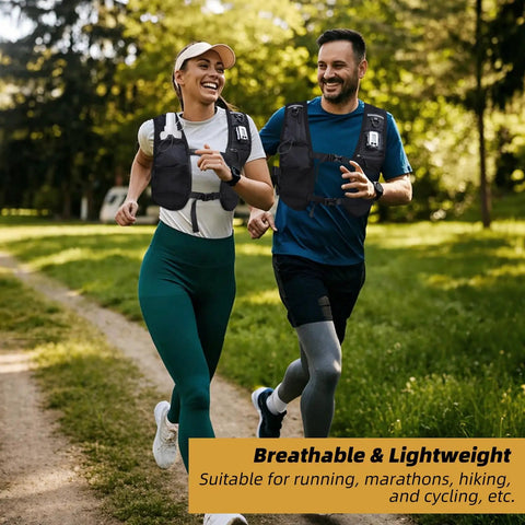 Two people jogging with Lightweight Hydration Running Vest Pack With Adjustable Chest Straps And Front Pockets For Easy Hydration On The Go Ideal For Running Cycling And Hiking Front Straps Fit 500 Milliliter Bottles And No Bounce.