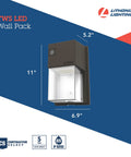 7 Inch Mini LED Wall Pack Outdoor Light Fixture With 3 Way Selectable CCT front view showing dimensions and bronze finish
