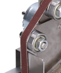 Close-up of Jauarta Mini Belt Sander Grinder Aluminum Alloy Polishing Machine 9000RPM showing belt and bearings for precise grinding.