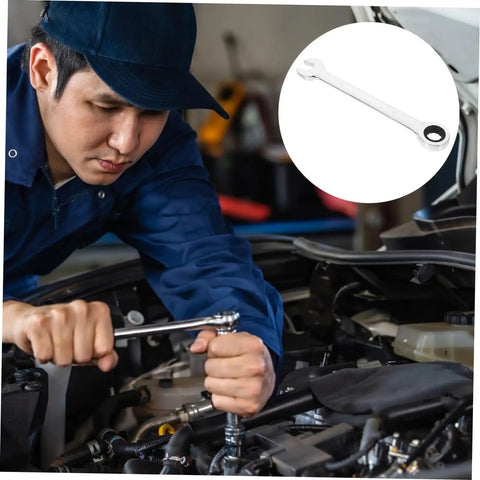 Mechanic using Compact Metric Ratcheting Wrench Set With Offset Mini Wrenches 12 Piece Swivel Head Handy Tools Kit
