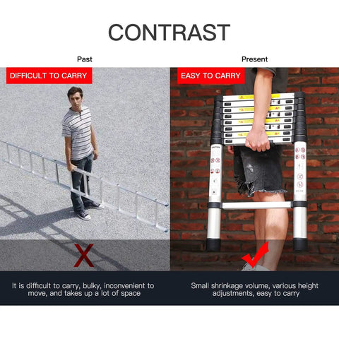 Comparison of bulky ladder and Foldable Telescoping Ladder for Home and Outdoors, EN131 Compliant Aluminum Extension Ladder, 12.5 Feet Reach
