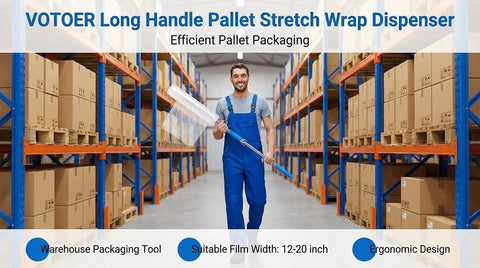 Heavy Duty Long Handle Pallet Stretch Wrap Dispenser For No Sweat Warehouse Hustle With Slick Spool Action And Easy Grip For Moving Frequent Loads And Packing Boxes Daily in a busy warehouse aisle.
