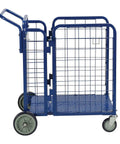 Hella Tough Heavy Duty Foldable Steel Stock Cart With Tall Side Walls 750 Pound Capacity Collapsible Rolling Utility Bin Pro Grade side view with blue metal frame and wide wheels.