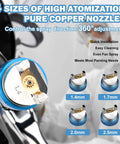 Pro Grade Hvlp Spray Gun With Four Precision Nozzles And Dual Cup Kit For Automotive Or Furniture Work shows nozzles of various sizes for precise spray.