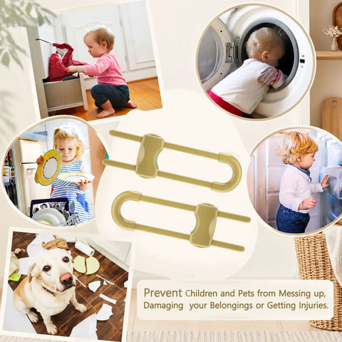 10 Pack No Drill No Adhesive Baby Cabinet Locks for Cabinets with Knobs or Handles, gold U-shaped latches shown with children and pets