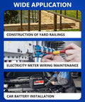 Wide application of hand operated hydraulic crimping tool for electrical cables in yard railings, wiring, car battery installation.