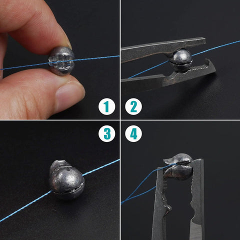 Four-step process of attaching Split Shot Fishing Weights Kit With Removable Clip On Sinker for Fly Fishing to fishing line.