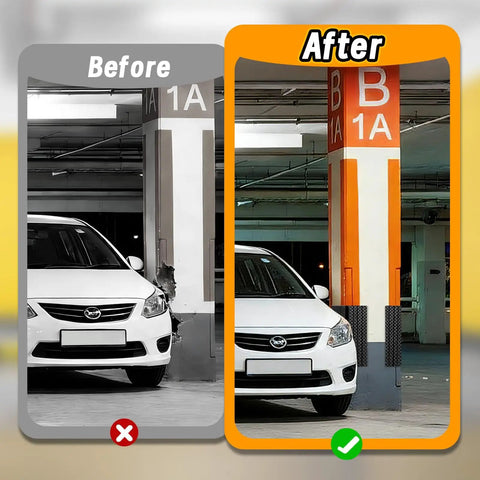 Comparison of car parked near wall with and without Garage Wall Protector Bumpers In Black Foam, showing protection effectiveness.