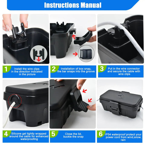 Step-by-step installation guide for Weatherproof Outdoor Electrical Box IP54 No-Fuss Tough Box With Dual Cable Ports.