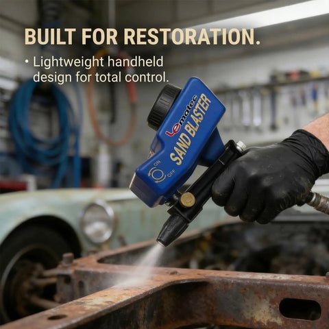 Person using Portable Sand Blaster Gun Pro Kit For Auto, Patio And Furniture Restoration With Ceramic Nozzle, Efficient Rust Removal.