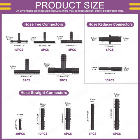 Swpeet 113Pcs barbed vacuum connector kit showing tee, reducer, and straight connectors for automotive hoses