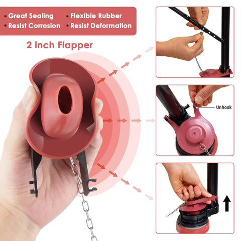 2 Set Universal Toilet Float Replacement Kit With 2 Inch Flapper Replacements Easy Install Fill Valve Kit For Most Toilets Fits 1.6 To 3.5+ GPF Durable Leak Free Toilet Repair Parts That Turn A Drip Into A Smile. 2-inch rubber flapper being installed on toilet tank chain
