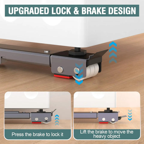 Extendable Appliance Sliders Heavy Duty Anti Slip With Lifter Lever Tool showing lock and brake design on wood floor