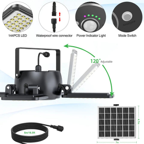 Diagram of Solar Shed Light 1200LM 144LED with waterproof connector, power indicator, and adjustable 4 leaf panel display.