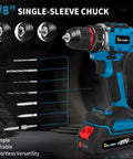 Image showing a 21V Brushless Cordless Drill Set with Fast Charging 2Ah Batteries Heavy Duty Power Drill and Screwdriver Kit for Home Reno Garden and DIY Projects 119 Piece, featuring 3/8'' single-sleeve chuck and various drill bits.