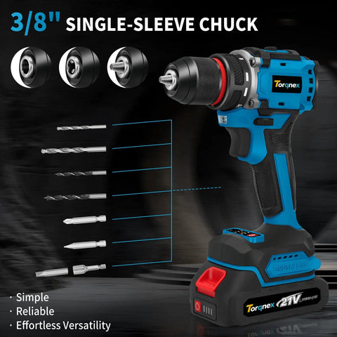 Image showing a 21V Brushless Cordless Drill Set with Fast Charging 2Ah Batteries Heavy Duty Power Drill and Screwdriver Kit for Home Reno Garden and DIY Projects 119 Piece, featuring 3/8'' single-sleeve chuck and various drill bits.