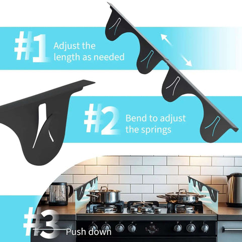 Stove Gap Cover 2 Pack Black Adjustable Stainless Steel Gap Filler For Kitchen Counter Edges in a kitchen setting