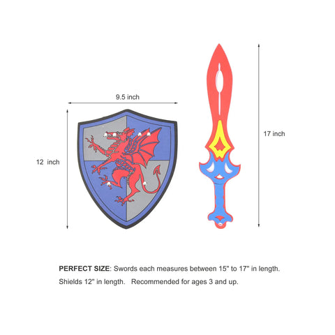 Foam Sword and Shield Set for Kids 12 Piece Ninja Warrior Viking Role Play Gear with 8 Distinct Swords and 4 Shields, dragon design