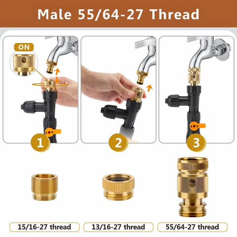 Installation process for Bucket Free Aquarium Water Change Kit with metal faucet connector and various thread sizes.