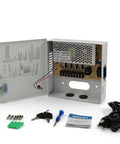 4 Channel 12V DC Power Supply Box With Individually Fused Ports Delivering 5 Amps Per Channel, includes tools and accessories.