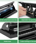 Close-up details of Ultra Compact 4 Hole Paper Punch For A4 Refills, showing cutterhead, adjustable spacing, stable base, and scale marking.