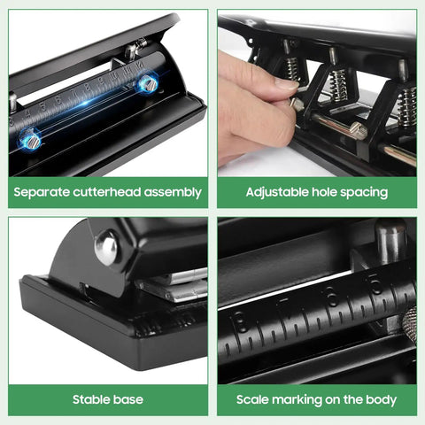 Close-up details of Ultra Compact 4 Hole Paper Punch For A4 Refills, showing cutterhead, adjustable spacing, stable base, and scale marking.