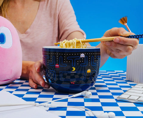 Dope Retro Maze Ramen Dinnerware Set With Ceramic Bowl And Bamboo Chopsticks, 20-Ounce Noodle Bowl For Retro Gamer Kitchens And Everyday Meals At Home on blue checkered table