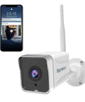 Outdoor WiFi Security Camera 1080P, IP66 Weatherproof Surveillance shown with mobile app alert on smartphone