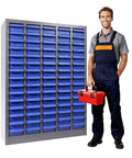75 Drawer Hardware Cabinet For Nuts Bolts And Small Parts With Heavy Duty ABS Drawers And Metal Frame Bolt Bin Organizer next to person holding toolbox