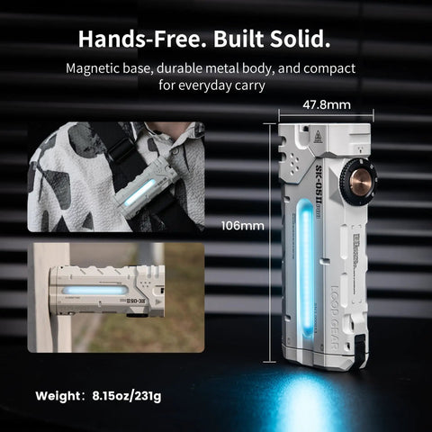 Pro 2 Mao Flat EDC Flashlight 5000 Lumen Turbo Power with magnetic base shown on strap and wall.