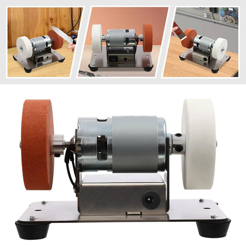 Heavy Duty Mini Electric Bench Sander And Dual Wheel Bench Grinder 96W with dual wheels on a metal base for polishing and grinding.