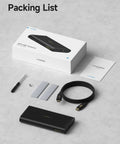 Blazing 80Gbps M.2 Nvme Ssd Enclosure Rock Solid Aluminum And Copper Chiller with accessories, including USB cable and tools.