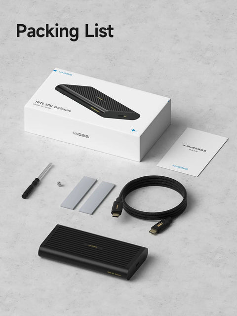 Blazing 80Gbps M.2 Nvme Ssd Enclosure Rock Solid Aluminum And Copper Chiller with accessories, including USB cable and tools.