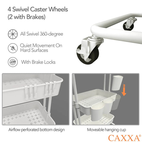 Rolling 3 Tier Storage Cart With Mobility And 3 ABS Baskets, Built To Last Powder Coated Steel Frame, 40 L Each, On Wheels, Perfect For Kitchen Office Toys And More, White Finish, showing swivel caster wheels design.