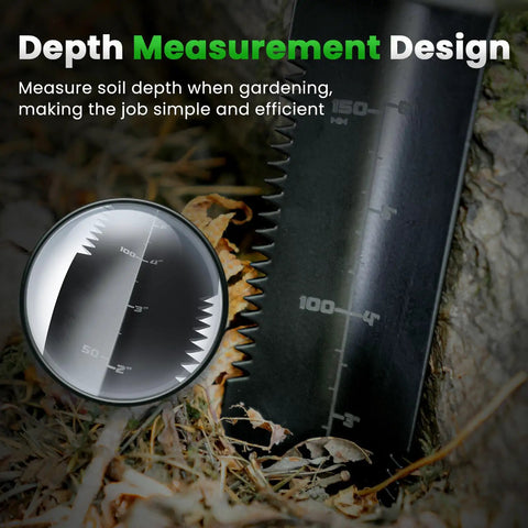Close-up of Metal Detector Shovel With Extended Handle And Carry Sheath, Heavy Duty Digger Trowel With Double Serrated Edge showing depth measurements.