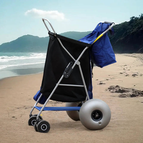 Beach Cart With Balloon Wheels, Heavy Duty Steel Wagon That Rolls Smoothly Over Sand, Carries 4 Folding Chairs, Pump Included