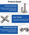 Detailed image showing 100 Pack M3 X 5mm Phillips Pan Head Machine Screws Pro Shop Grade 304 Stainless Steel Rust Resistant hardware.