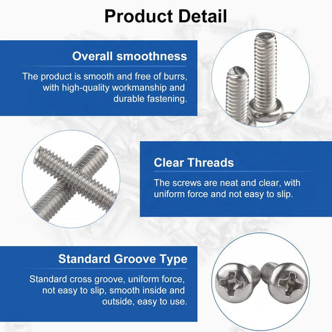 Detailed image showing 100 Pack M3 X 5mm Phillips Pan Head Machine Screws Pro Shop Grade 304 Stainless Steel Rust Resistant hardware.